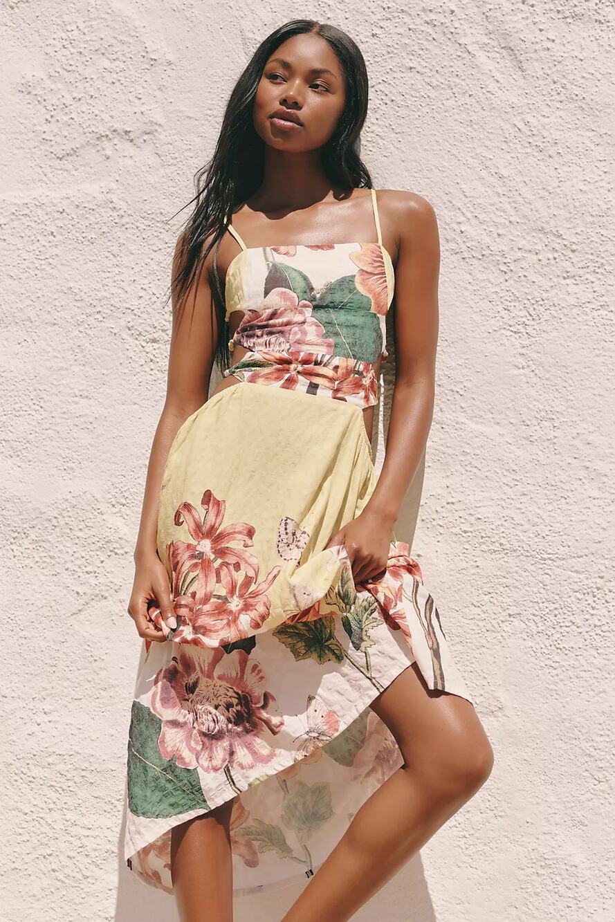 New Anthropologie Celandine Beaded Midi Dress $128 LARGE Yellow Floral CUTOUTS